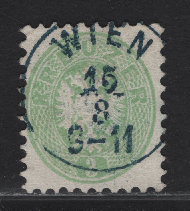 Lot 218 Austria SC#23 3kr Green Eagle, 1863-1864 Eagle Issue, A Very Fine Used Single, Perf 9.5, Unwatermarked, SON Wien Cancel.