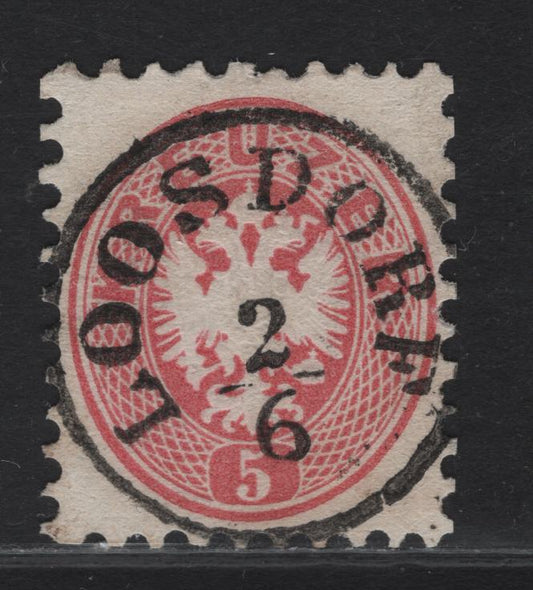 Lot 219 Austria SC#24 5kr Rose Red Eagle, 1863-1864 Eagle Issue, A Very Fine Used Single, Perf 9.5, Unwatermarked, Perfect SON Loosdorf Cancel.