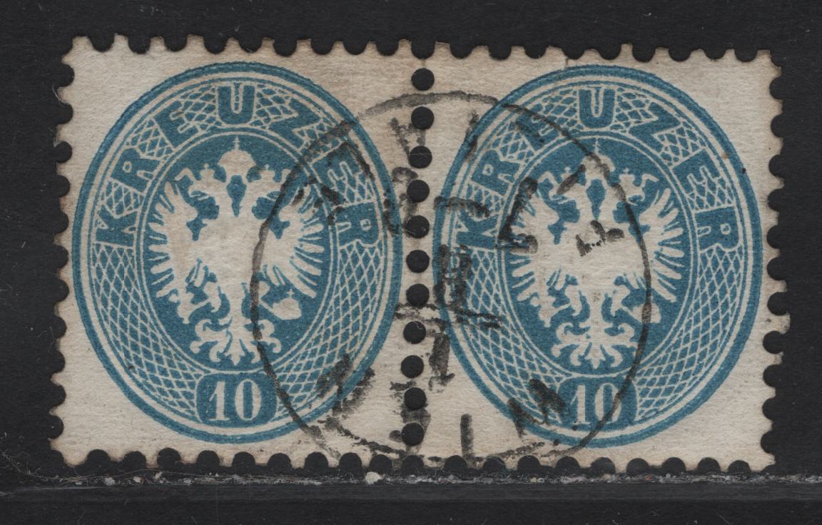 Lot 220 Austria SC#25 10kr Blue Eagle, 1863-1864 Eagle Issue, A Very Fine Used Pair, Perf 9.5, Unwatermarked, Wien Cancel.
