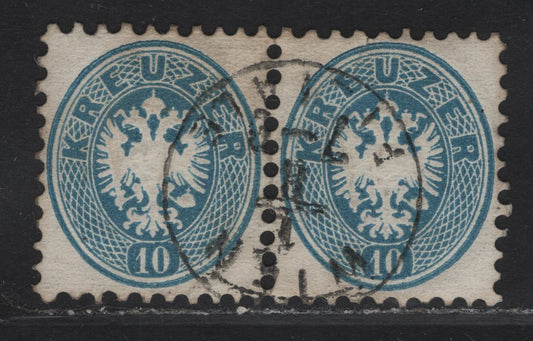 Lot 220 Austria SC#25 10kr Blue Eagle, 1863-1864 Eagle Issue, A Very Fine Used Pair, Perf 9.5, Unwatermarked, Wien Cancel.