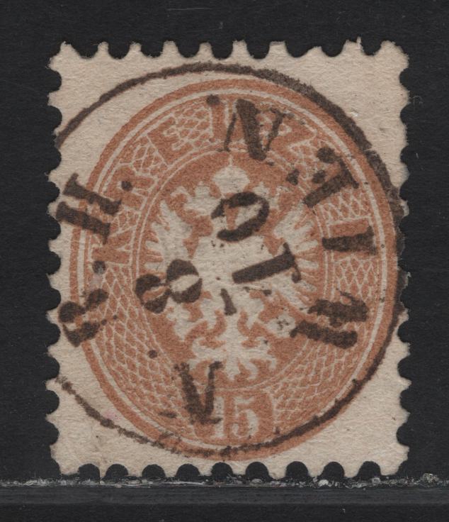 Lot 222 Austria SC#26 15kr Brown Eagle, 1863-1864 Eagle Issue, A Very Fine Used Single, Perf 9.5, Unwatermarked, Wien Cancel.