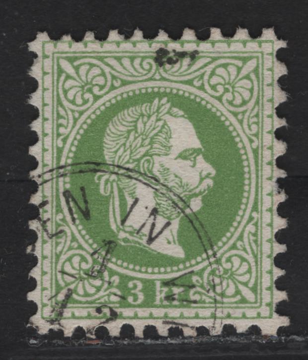 Lot 225 Austria SC#28 3kr Green Franz Josef, 1867-1872 Franz Josef Issue, A Very Fine Used Single, Coarse Print
