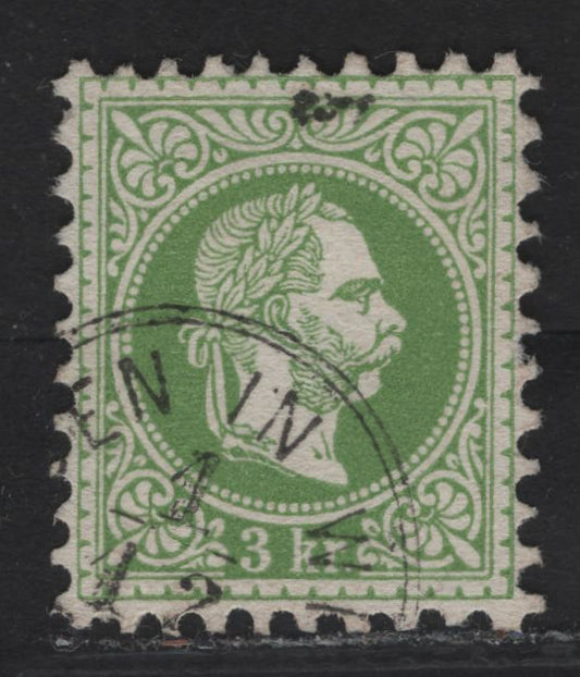 Lot 225 Austria SC#28 3kr Green Franz Josef, 1867-1872 Franz Josef Issue, A Very Fine Used Single, Coarse Print