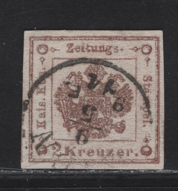 Lot 232 Austria SC#PR3 2kr Brown Emblem, 1858-1859 Newspaper Issue, A Very Fine Used Imperf Single