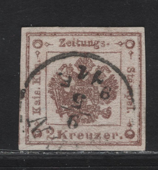 Lot 232 Austria SC#PR3 2kr Brown Emblem, 1858-1859 Newspaper Issue, A Very Fine Used Imperf Single