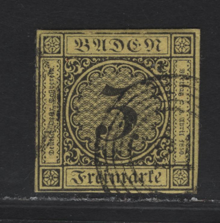 Lot 237 Baden SC#2 3kr Black on Yellow Numeral, 1851-1852 Numeral Issue, An Extremely Fine Used Imperf Single, Margins Clear On All 4 Sides, Rare For This Issue