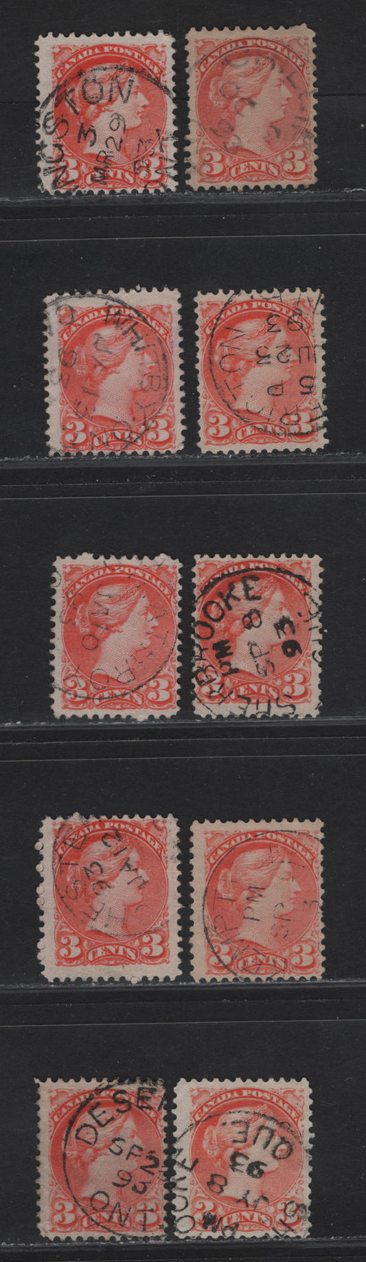 Lot 24 Canada #41 3c Orange Vermillion - Dull Vermillion Queen Victoria, 1888-1897 Small Queen Issue, 10 Fine Used SIngles, Early Second Ottawa Printing, Mostly 2O-E, All With Different 1893 Dated Town Cancels.