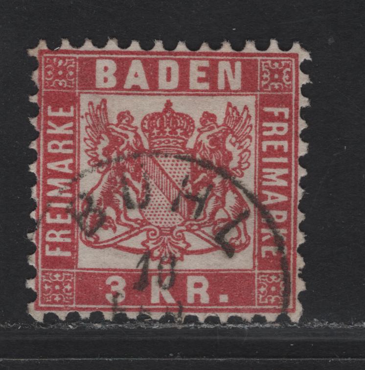 Lot 241 Baden SC#27 3kr Deep Rose Arms, 1868 Arms Issue, A Very Fine Used Single
