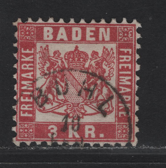 Lot 241 Baden SC#27 3kr Deep Rose Arms, 1868 Arms Issue, A Very Fine Used Single