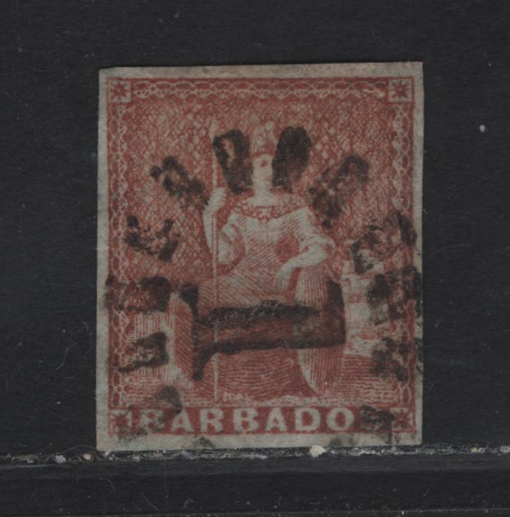 Lot 247 Barbados SC#4 4d Red Brown Britannia, 1861 Britannia Issue, A Very Fine Used , Blued Paper, Nice SON #1 Numeral Cancel, 4 Clear Margins