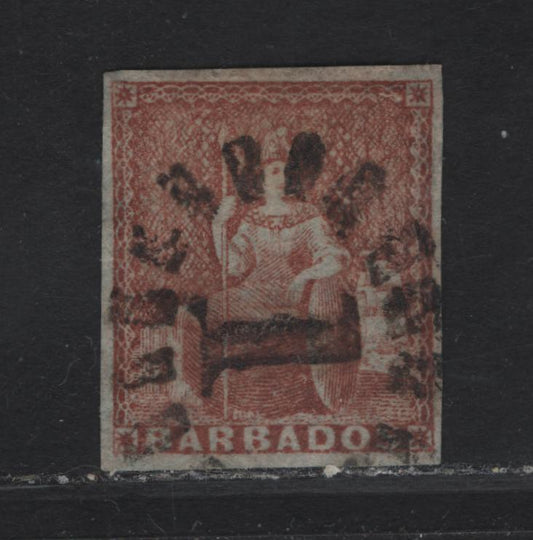 Lot 247 Barbados SC#4 4d Red Brown Britannia, 1861 Britannia Issue, A Very Fine Used , Blued Paper, Nice SON #1 Numeral Cancel, 4 Clear Margins