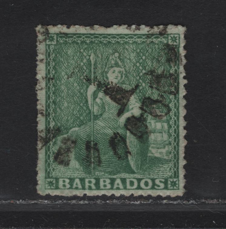 Lot 248 Barbados SC#15a 1/2d Blue Green Britannia, 1861 Britannia Issue, A SUP Used Single, Rought Perf 14-10, Unwatermarked
