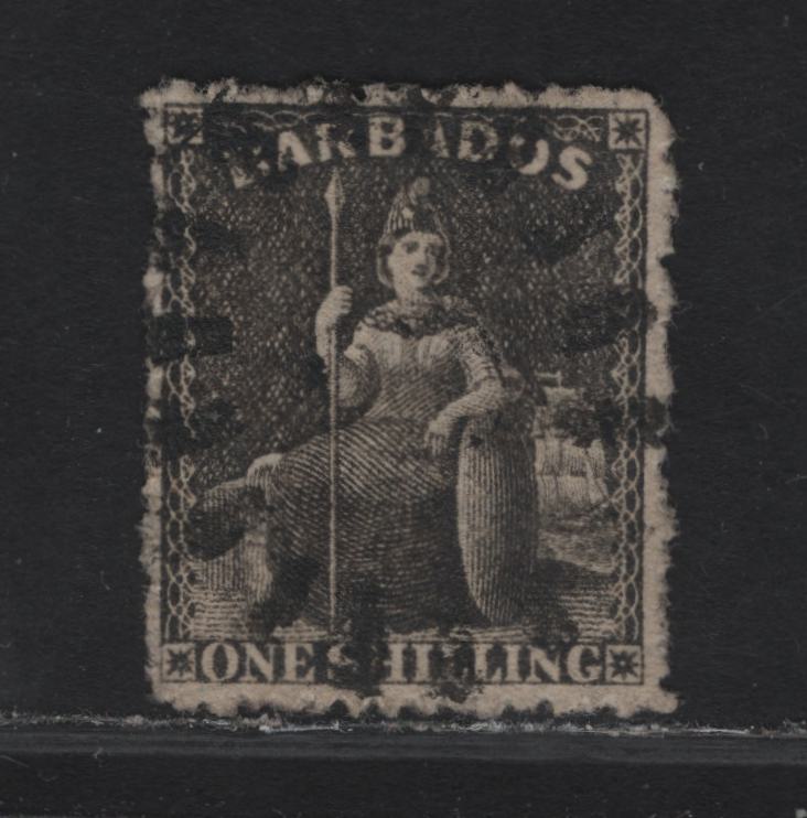 Lot 249 Barbados SC#21 1/- Black Britannia, 1861 Britannia Issue, An Extremely Fine Used Single, Rough Perf 14-16, Large Star Wmk