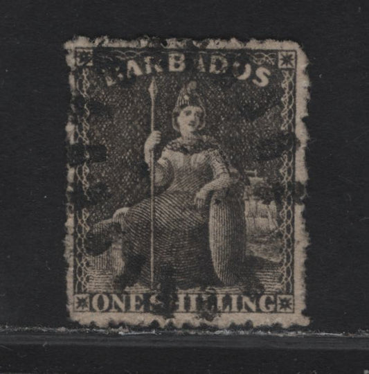 Lot 249 Barbados SC#21 1/- Black Britannia, 1861 Britannia Issue, An Extremely Fine Used Single, Rough Perf 14-16, Large Star Wmk