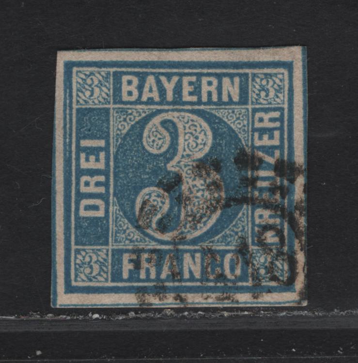 Lot 250 Bavaria SC#2 3kr Blue Numeral, 1849-1850 Numeral Issue, A Very Fine Used Single, Closed Millwheel Cancel, Siegenburg