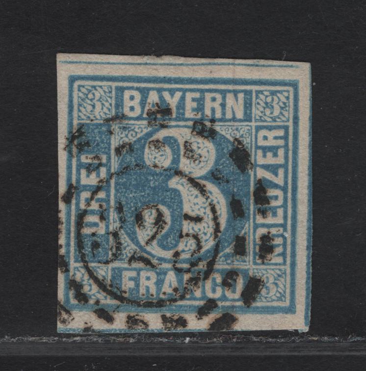 Lot 251 Bavaria SC#2 3kr Blue Numeral, 1849-1850 Numeral Issue, A Very Fine Used Single, Broken Circle, Open Milwheel Cancel For Munich, Stamp With 4 Clear Margins With Dividing Lines Visible On 2 Sides.