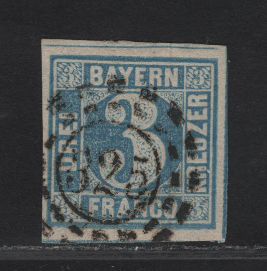Lot 251 Bavaria SC#2 3kr Blue Numeral, 1849-1850 Numeral Issue, A Very Fine Used Single, Broken Circle, Open Milwheel Cancel For Munich, Stamp With 4 Clear Margins With Dividing Lines Visible On 2 Sides.