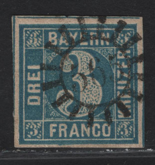 Lot 252 Bavaria SC#2a 3kr Greenish Blue Numeral, 1849-1850 Numeral Issue, A Very Fine Used Imperf Single, #565 Closed Milwheel Cancel For Selblitz, Dividing Lines Are Visible On 2 Sides