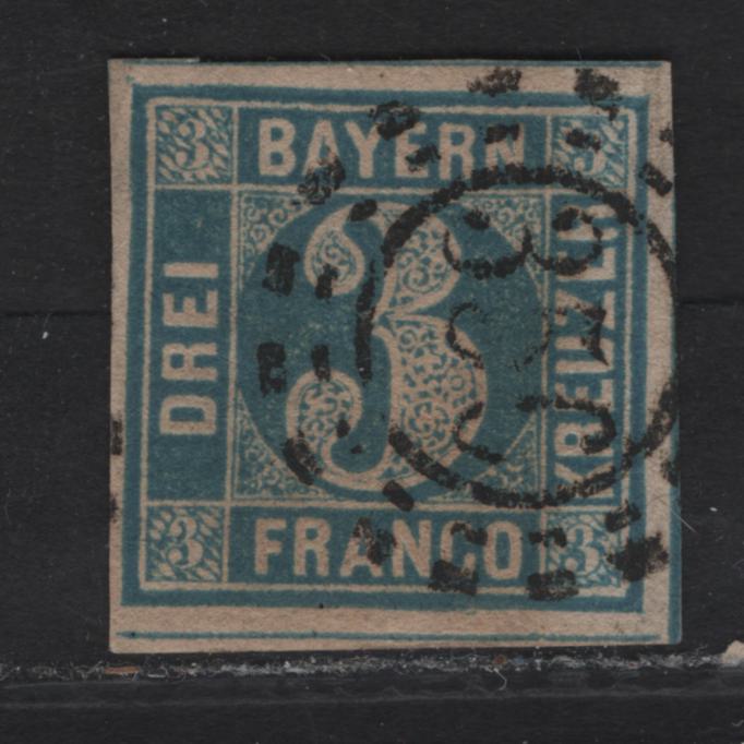 Lot 253 Bavaria SC#2b 3kr Deep Blue Numeral, 1849-1850 Numeral Issue, A Very Fine Used Imperf Single, Broken Circle Numeral, #356 Open Milwheel Cancel For Nuremburg, Dividing Lines Visible On 1 Side.
