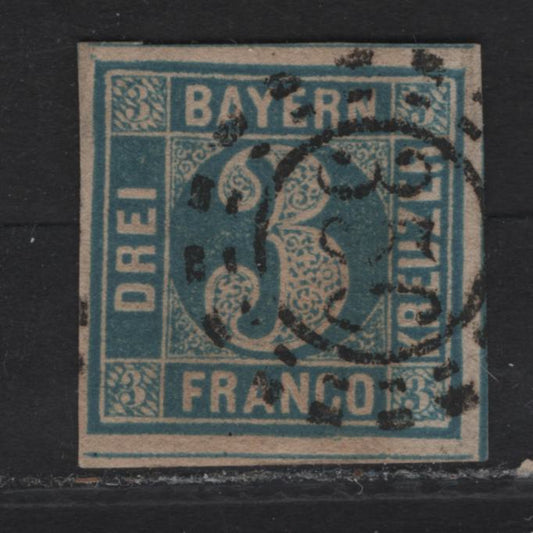 Lot 253 Bavaria SC#2b 3kr Deep Blue Numeral, 1849-1850 Numeral Issue, A Very Fine Used Imperf Single, Broken Circle Numeral, #356 Open Milwheel Cancel For Nuremburg, Dividing Lines Visible On 1 Side.