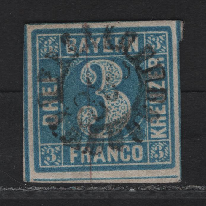 Lot 254 Bavaria SC#2a 3kr Greenish Blue Numeral, 1849-1850 Numeral Issue, An Extremely Fine Used Imperf Single, Dividing Lines Visible On All Sides