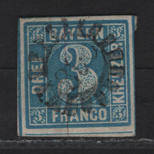 Lot 254 Bavaria SC#2a 3kr Greenish Blue Numeral, 1849-1850 Numeral Issue, An Extremely Fine Used Imperf Single, Dividing Lines Visible On All Sides