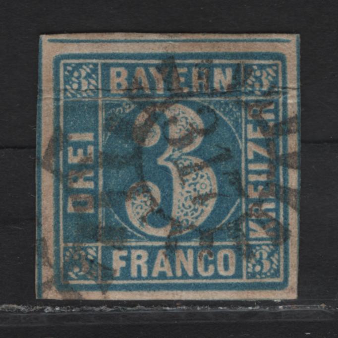 Lot 255 Bavaria SC#2a 3kr Greenish Blue Numeral, 1849-1850 Numeral Issue, A Very Fine Used Imperf Single, #317 Closed Millwheel Cancel For Schweinfort, Dividing Lines Are Visible On 2 Sides