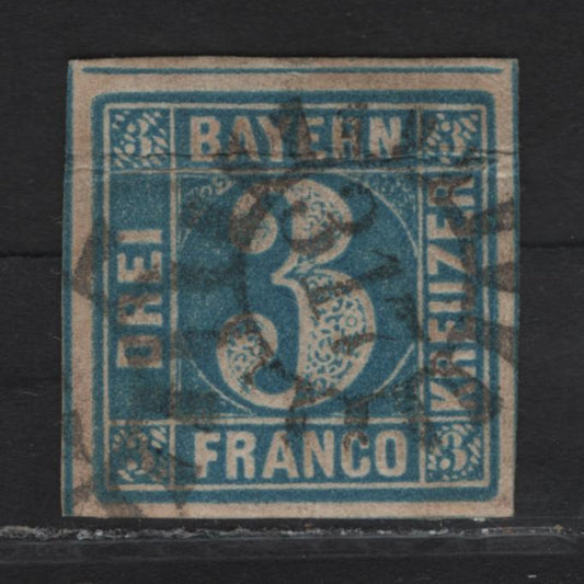 Lot 255 Bavaria SC#2a 3kr Greenish Blue Numeral, 1849-1850 Numeral Issue, A Very Fine Used Imperf Single, #317 Closed Millwheel Cancel For Schweinfort, Dividing Lines Are Visible On 2 Sides
