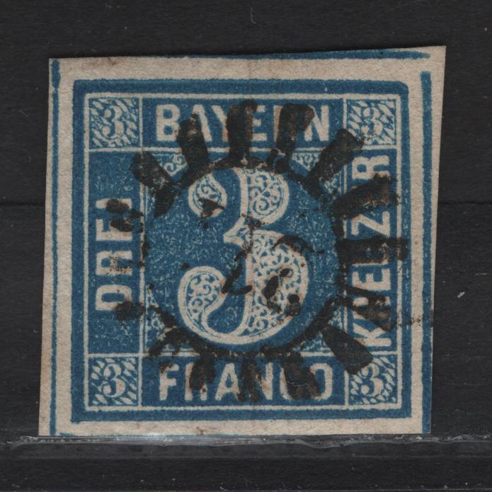 Lot 256 Bavaria SC#2b 3kr Deep Blue Numeral, 1849-1850 Numeral Issue, A Very Fine Used Imperf Single, #222 Closed Millwheel Cancel For Mittenwald, Dividing Lines Are Visible On 3 Sides
