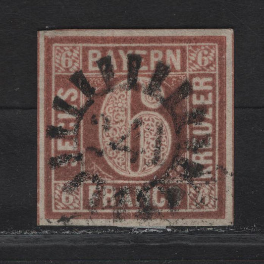 Lot 258 Bavaria SC#3 6kr Brown Numeral, 1850-1858 Numeral Issue, A Very Fine Used Imperf Single, Broken Circle, #241 Closed Millwheel Nordlingen Cancel, Dividing Lines On 3 Sides.