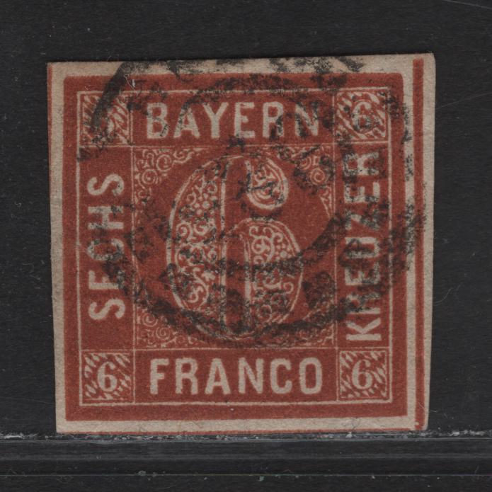 Lot 259 Bavaria SC#5 6kr Bright Red Brown Numeral, 1850-1858 Numeral Issue, A Very Fine Used Imperf Single, Complete Circle, #385 Open Millwheel Cancel For Massau