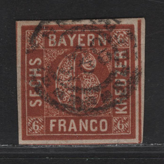 Lot 259 Bavaria SC#5 6kr Bright Red Brown Numeral, 1850-1858 Numeral Issue, A Very Fine Used Imperf Single, Complete Circle, #385 Open Millwheel Cancel For Massau
