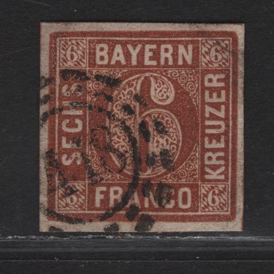 Lot 260 Bavaria SC#5 6kr Red Brown Numeral, 1850-1858 Numeral Issue, A Very Fine Used Imperf Single, Complete Circle, #448 Open Millwheel Cancel For Rotthalmunster