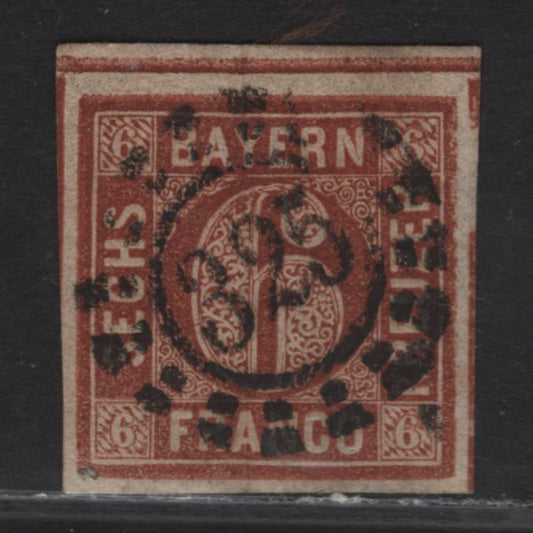 Lot 261 Bavaria SC#5 6kr Brown Numeral, 1850-1858 Numeral Issue, An Extremely Fine Used Imperf Single, #325 Open Millwheel Munich Cancel, Dividing Lines On 3 Sides