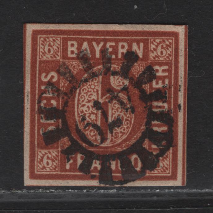 Lot 262 Bavaria SC#5 6kr Red Brown Numeral, 1850-1858 Numeral Issue, A Very Fine Used Imperf Single, #479 Closed Millwheel Cancel For Kimratshofen, Dividing Lines On 2 Sides