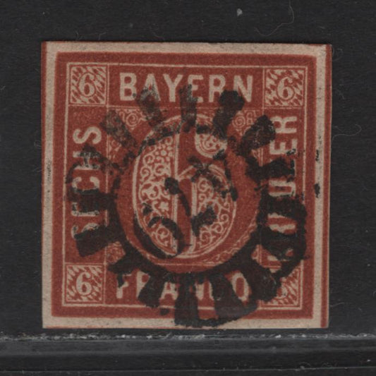 Lot 262 Bavaria SC#5 6kr Red Brown Numeral, 1850-1858 Numeral Issue, A Very Fine Used Imperf Single, #479 Closed Millwheel Cancel For Kimratshofen, Dividing Lines On 2 Sides