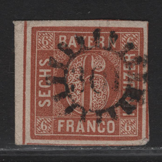 Lot 263 Bavaria SC#5 6kr Pale Red Brown Numeral, 1850-1858 Numeral Issue, An Extremely Fine Used Imperf Single, #301 Closed Millwheel For Room, Dividing Lines On 2 Sides, Extra Large Margin At Left.
