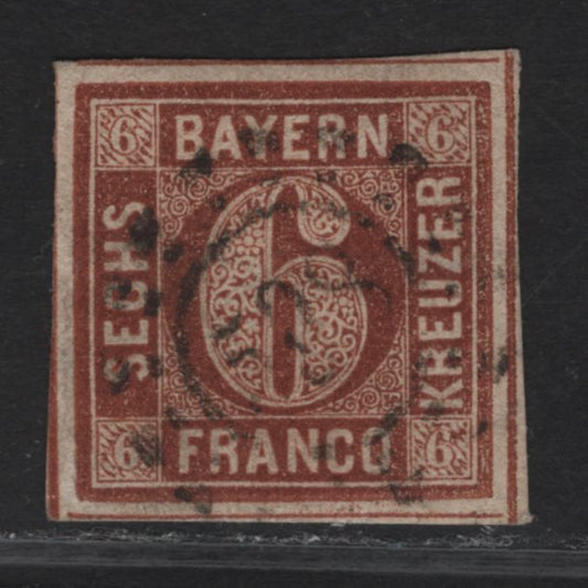 Lot 264 Bavaria SC#5 6kr Brown Numeral, 1850-1858 Numeral Issue, A Very Fine Used Imperf Single, Complete Circle, #598 Millwheel Cancel