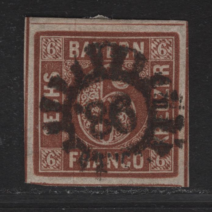 Lot 265 Bavaria SC#5 6kr Brown Numeral, 1850-1858 Numeral Issue, A Very Fine Used Imperf Single, #86 Closed Millwheel Cancel For Fischbach, Dividing Lines On 3 Sides