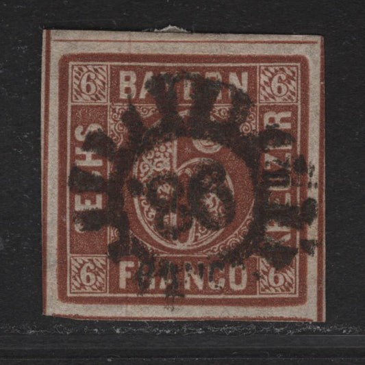 Lot 265 Bavaria SC#5 6kr Brown Numeral, 1850-1858 Numeral Issue, A Very Fine Used Imperf Single, #86 Closed Millwheel Cancel For Fischbach, Dividing Lines On 3 Sides