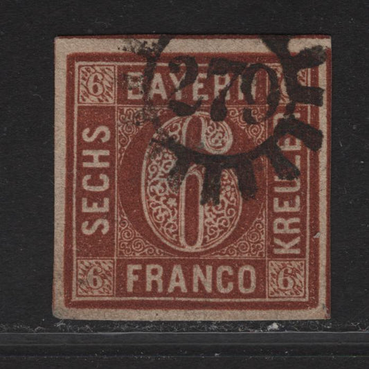 Lot 266 Bavaria SC#5 6kr Red Brown Numeral, 1850-1858 Numeral Issue, A Very Good Used Imperf Single, #279 Closed Millwheel Cancel For Redwitz
