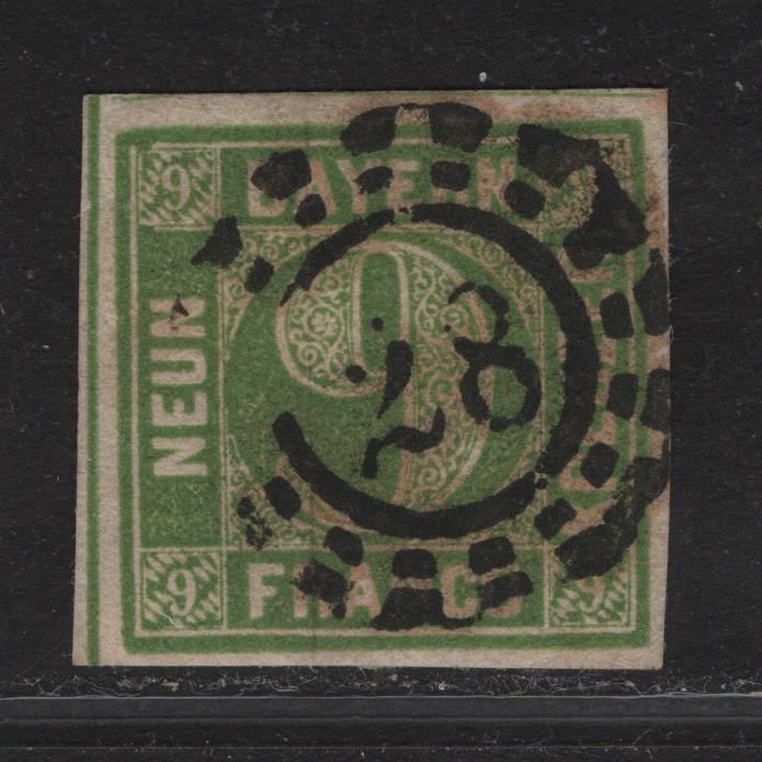 Lot 267 Bavaria SC#6 9kr Yellow Green Numeral, 1850-1858 Numeral Issue, A Very Fine Used Imperf Single, Complete Circle, #28 Open Millwheel Cancel For Durlach