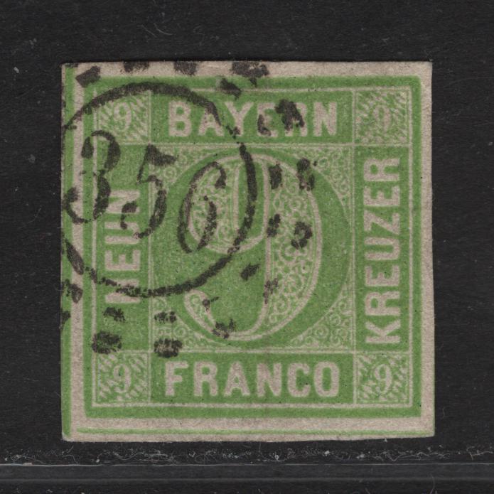 Lot 268 Bavaria SC#6 9kr Yellow Green Numeral, 1850-1858 Numeral Issue, A Very Fine Used Imperf Single, #356 Open Millwheel Cancel For Nuremburg