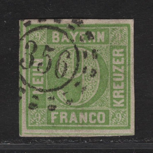 Lot 268 Bavaria SC#6 9kr Yellow Green Numeral, 1850-1858 Numeral Issue, A Very Fine Used Imperf Single, #356 Open Millwheel Cancel For Nuremburg