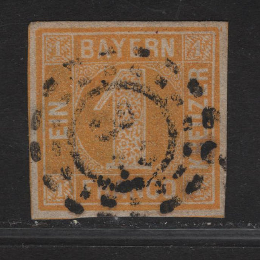 Lot 269 Bavaria SC#9 1kr Yellow Numeral, 1862 Numeral Issue, A Very Fine Used Imperf Single, Complete Circle, #32 Open Millwheel Cancel For Bamberg