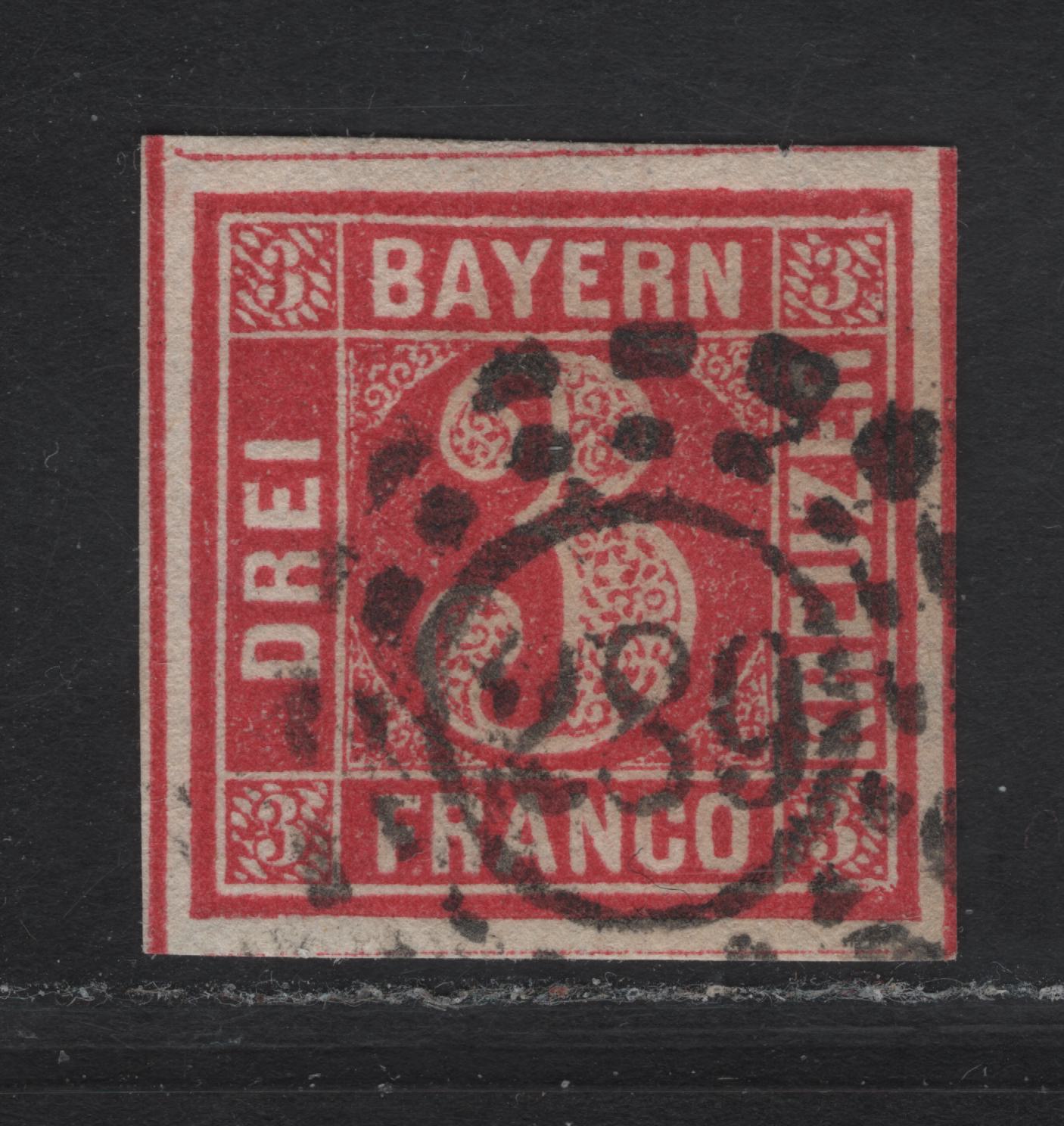 Lot 271 Bavaria SC#10 3kr Deep Rose Numeral, 1862 Numeral Issue, A Very Fine Used Imperf Single, #289 Open Millwheel Cancel For Lindau, Dividing Lines Visible On 3 Sides