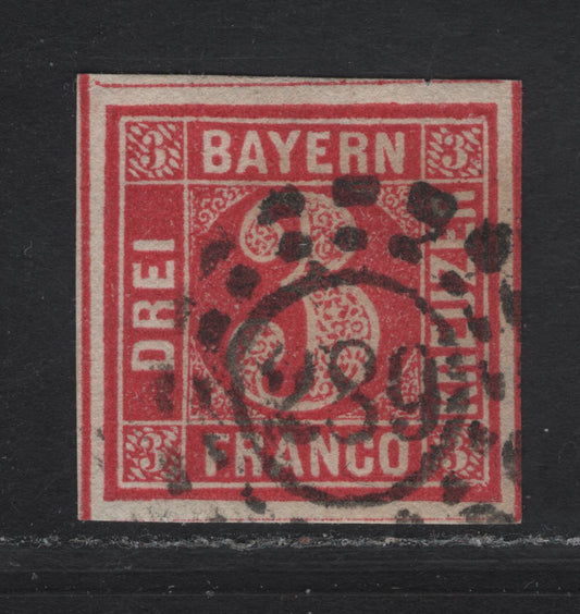 Lot 271 Bavaria SC#10 3kr Deep Rose Numeral, 1862 Numeral Issue, A Very Fine Used Imperf Single, #289 Open Millwheel Cancel For Lindau, Dividing Lines Visible On 3 Sides
