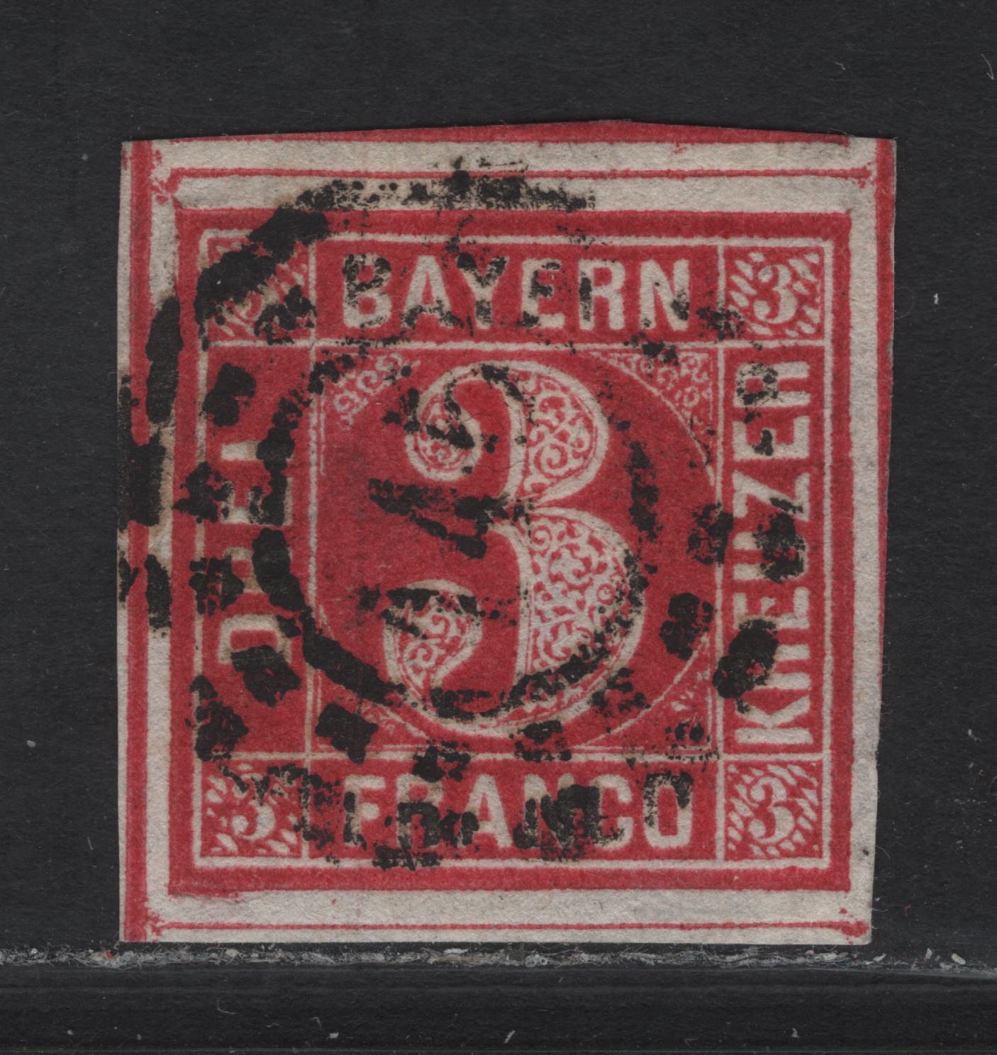 Lot 272 Bavaria SC#10 3kr Bright Rose - Black On Yellow Green Numeral, 1862 Numeral Issue, An Extremely Fine Used Imperf Single, Complete Circle, Thin Paper, Dividing Lines Visible On All Sides, #445 Open Millwheel Cancel For Rottenbuch.