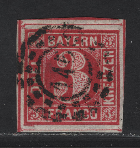 Lot 272 Bavaria SC#10 3kr Bright Rose - Black On Yellow Green Numeral, 1862 Numeral Issue, An Extremely Fine Used Imperf Single, Complete Circle, Thin Paper, Dividing Lines Visible On All Sides, #445 Open Millwheel Cancel For Rottenbuch.