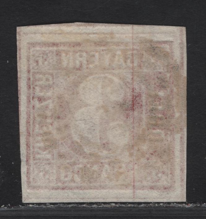 Lot 272 Bavaria SC#10 3kr Bright Rose - Black On Yellow Green Numeral, 1862 Numeral Issue, An Extremely Fine Used Imperf Single, Complete Circle, Thin Paper, Dividing Lines Visible On All Sides, #445 Open Millwheel Cancel For Rottenbuch.